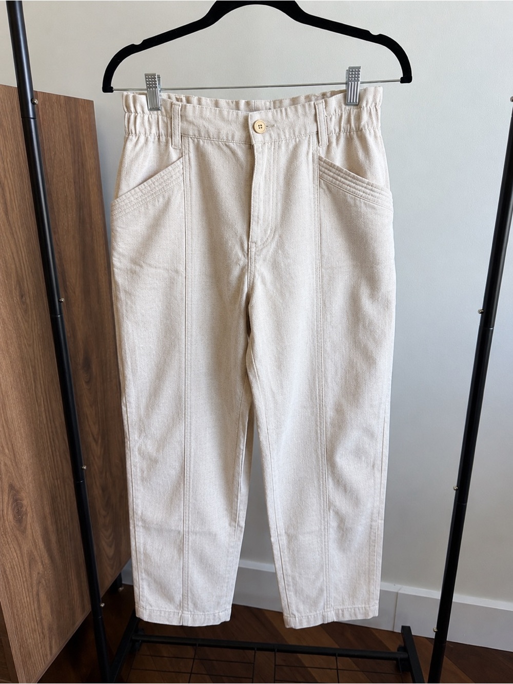 Charlior French Brand Cream Cotton Paperbag High-Waist Pants Size L (US 10)